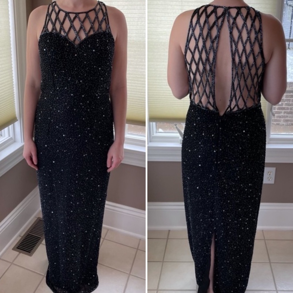 Beaded Sequined Formal Dress 100% Silk Black Floor Length Homecoming Gown 6